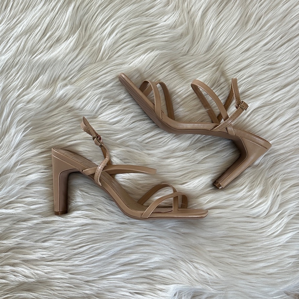 Lulu's Nude Strappy Mid Block Heel Sandals